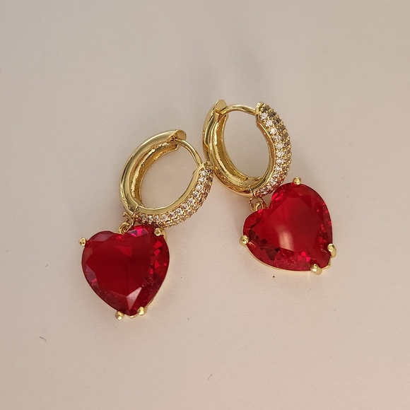 New 18K Gold Plated Large Heart Shaped Ruby Diamond Dangle Drop Hoop Earrings - Picture 9 of 10